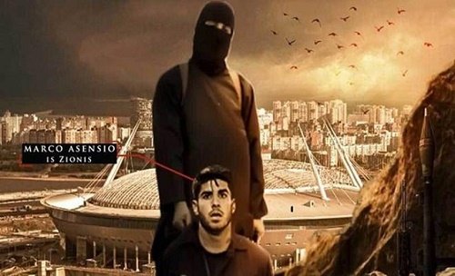 وتتوالى تهديدات داعش.. ظهور نجم ريال مدريد راكعاً أمام إرهابي وخلفهم ملعب سانت بطرسبورغ