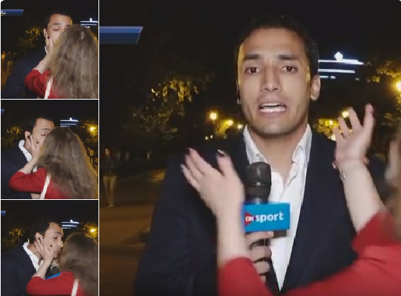 بالفيديو.. مراسل “أون سبورت” يتلقى قبلة ساخنة على الهواء من مشجعة في كأس العالم